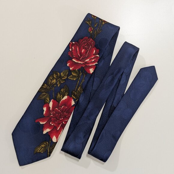 Vintage Hugo Boss Navy Blue with Red Rose Floral Silk Tie - Made in Italy - Picture 2 of 9